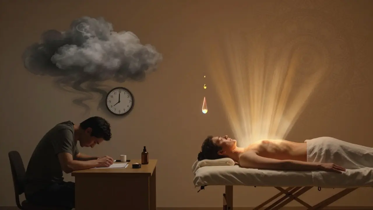 Před a po: člověk od stresu k klidu, kdy tlak a únavy mizí v teplém světle během ájurvédské masáže.