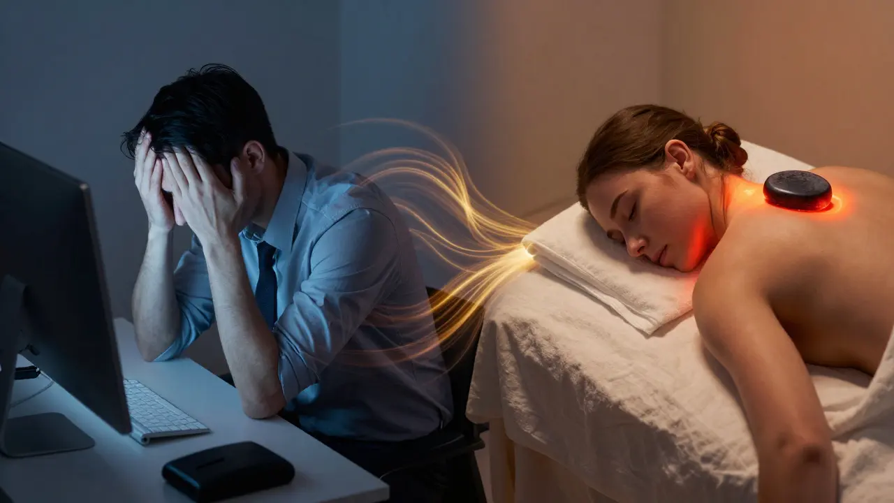 Před a po masáži lávovými kameny: stresovaný člověk přeměněný do klidu.