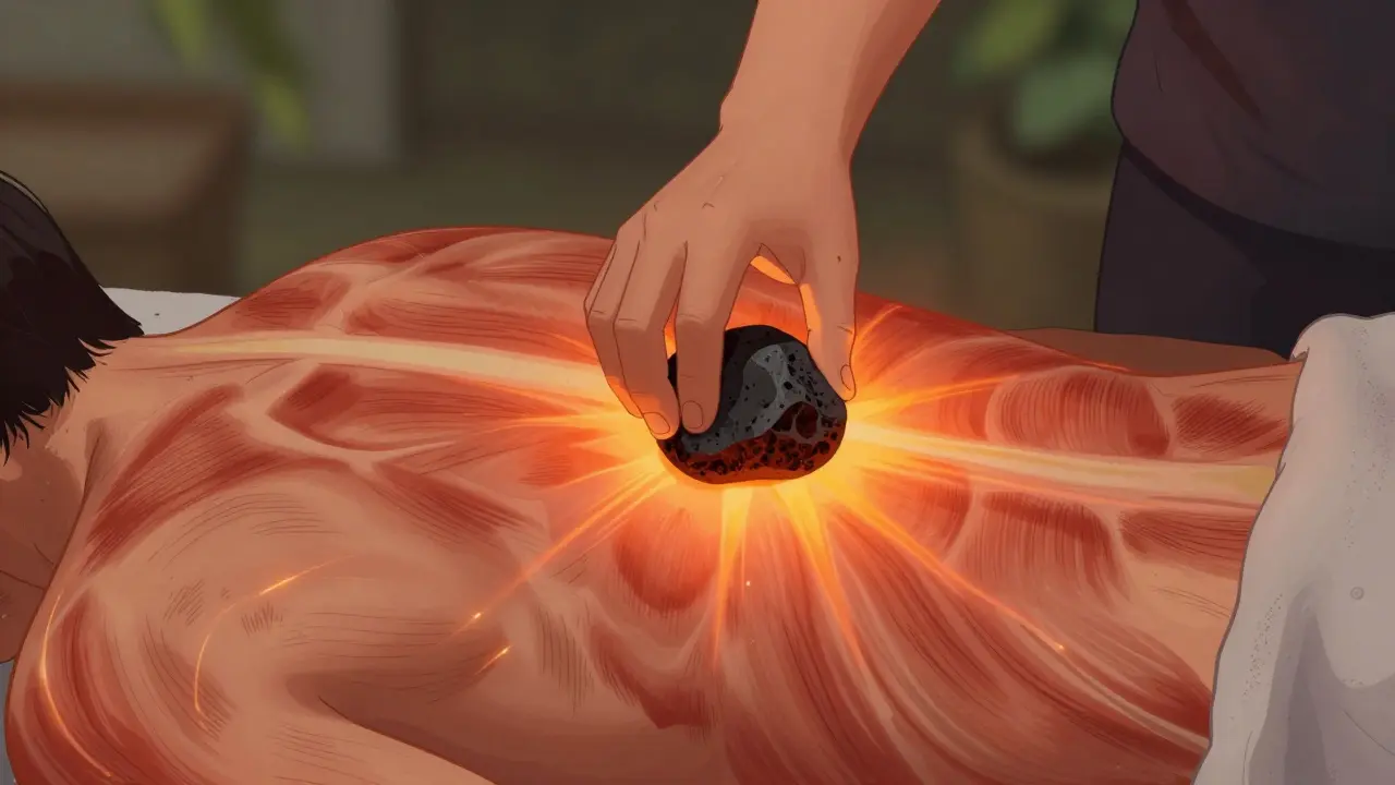 Ruka s lávovým kamenem přenáší teplo do svalů záda, symbolizující hluboké uvolnění.