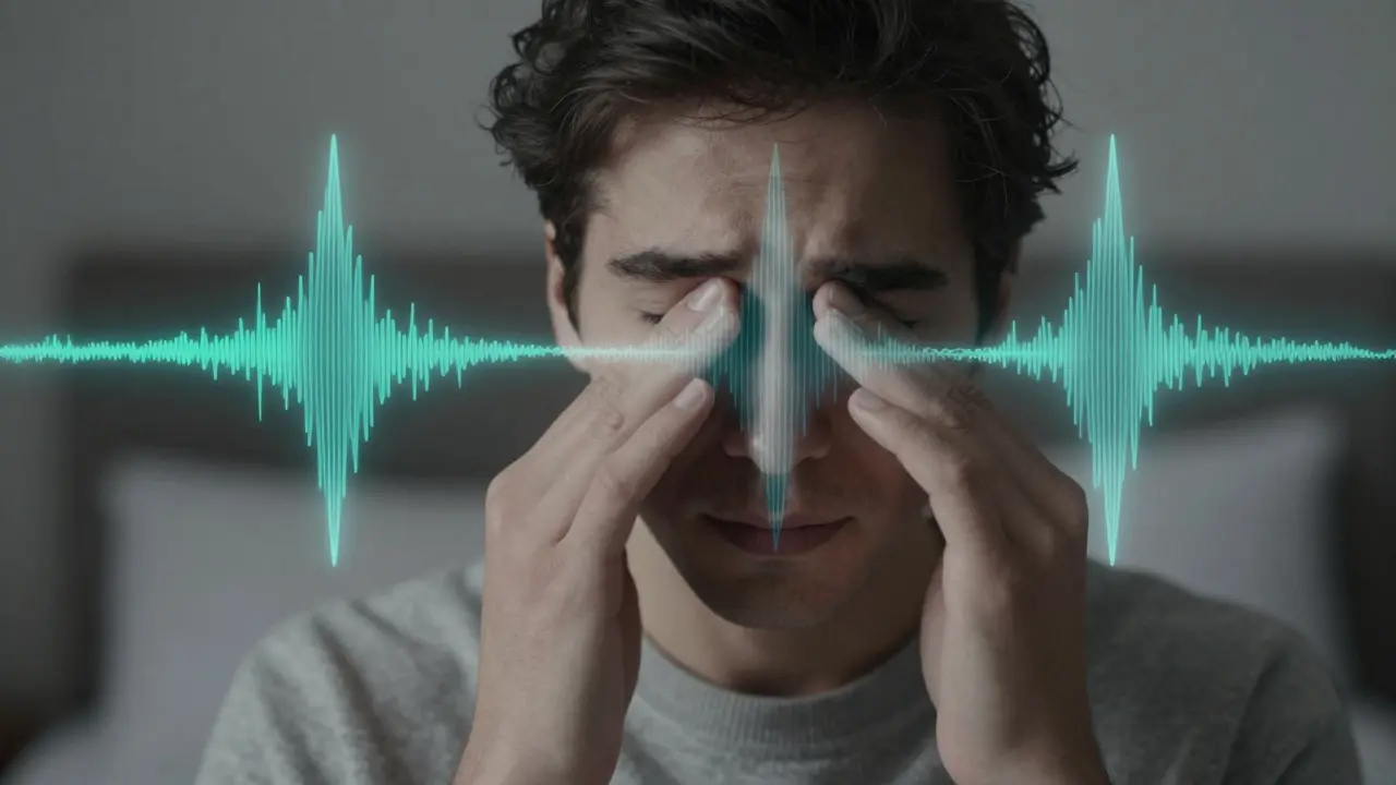 Ruka tlačí na oblast mezi obočím a nosem, s vizuálním znázorněním uklidňujících mozkových vln.