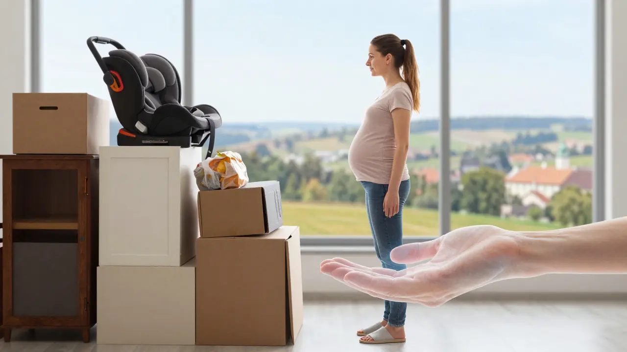 Těhotná žena stojí vedle těžkých věcí, které jí někdo jiný jemně zvedá.