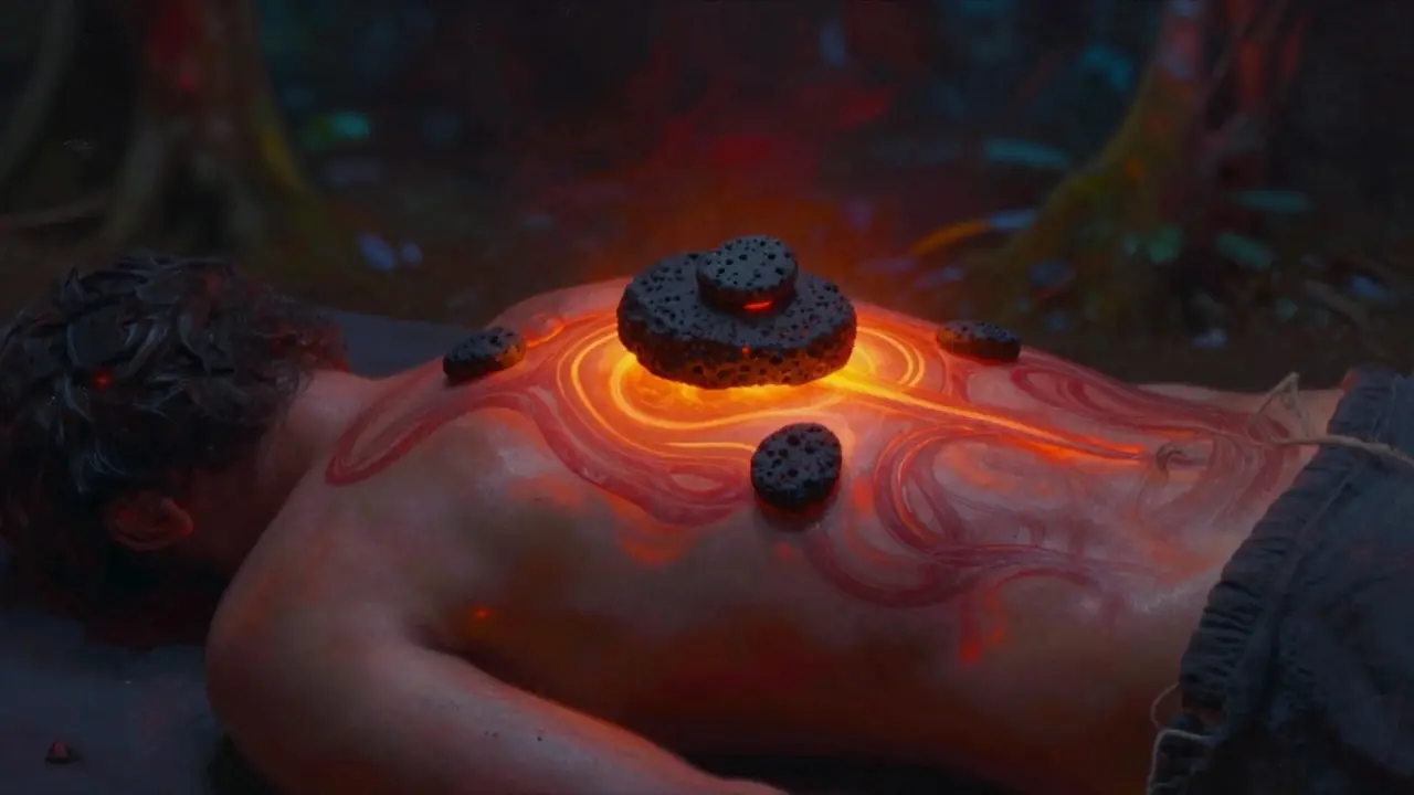 Teplé bazaltové kameny na těle s viditelným tepelným zářením, symbolizující hluboké uvolnění.