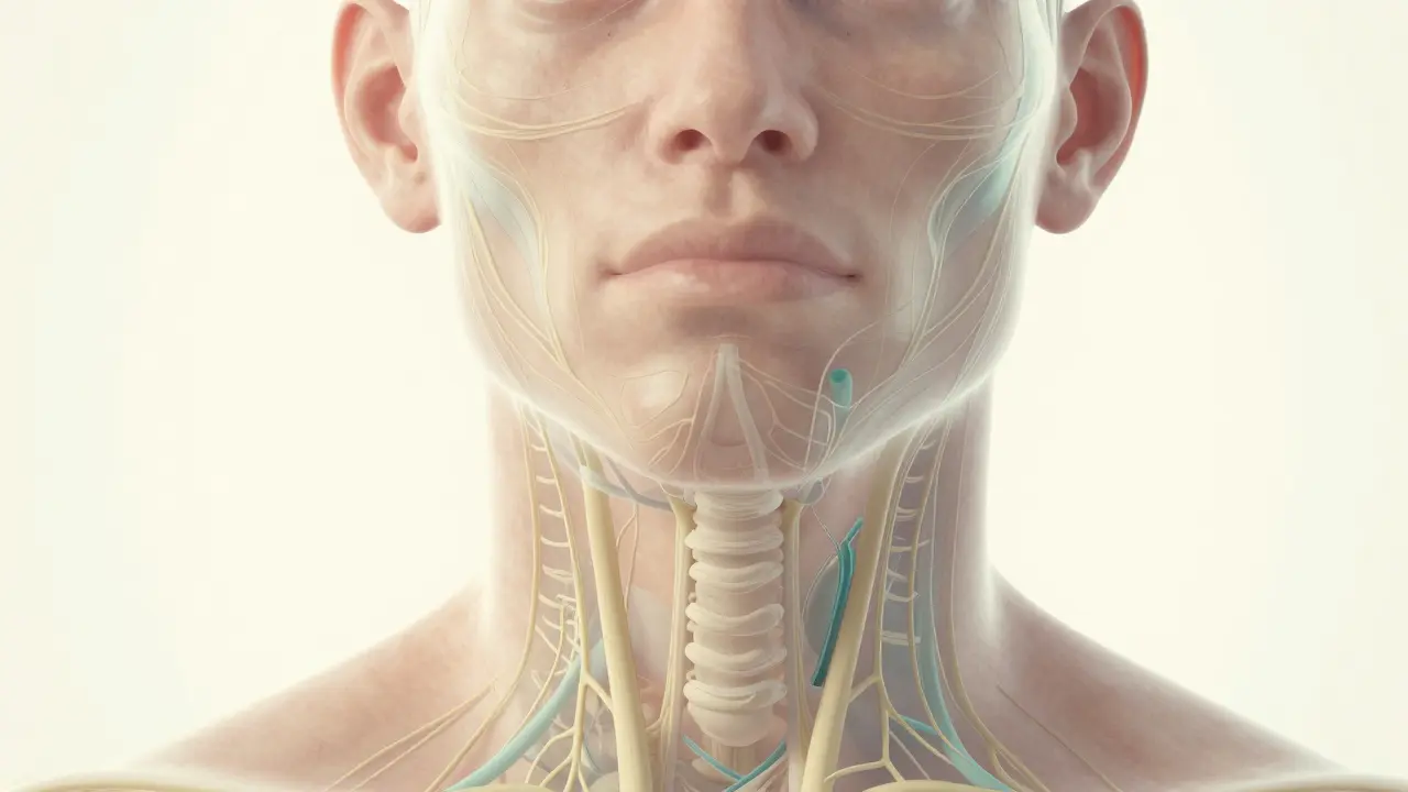 Ukázka lymfatického odtoku tváře a krku jemnými zlatými čarami pod kůží.