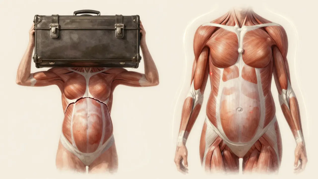 Vnitřní pohled na roztažené břišní svaly během těhotenství pod zatížením.