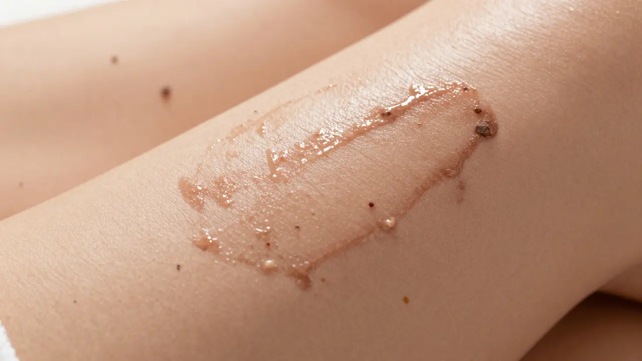 Detail kůže na stehně po čokoládové masáži, která vypadá zdravě a leskne se.