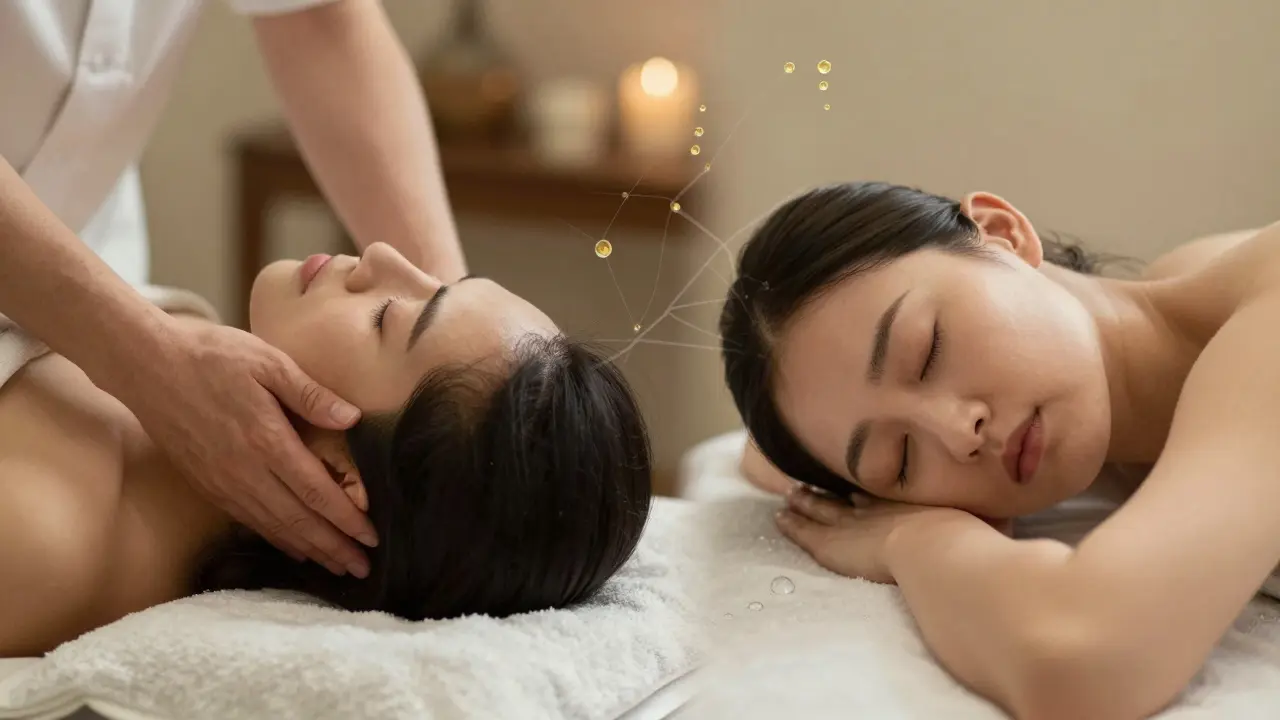 Dvě tváře téže osoby: napjatá vlevo a klidná vpravo, znázorňující změnu po pravidelné masáži hlavy.