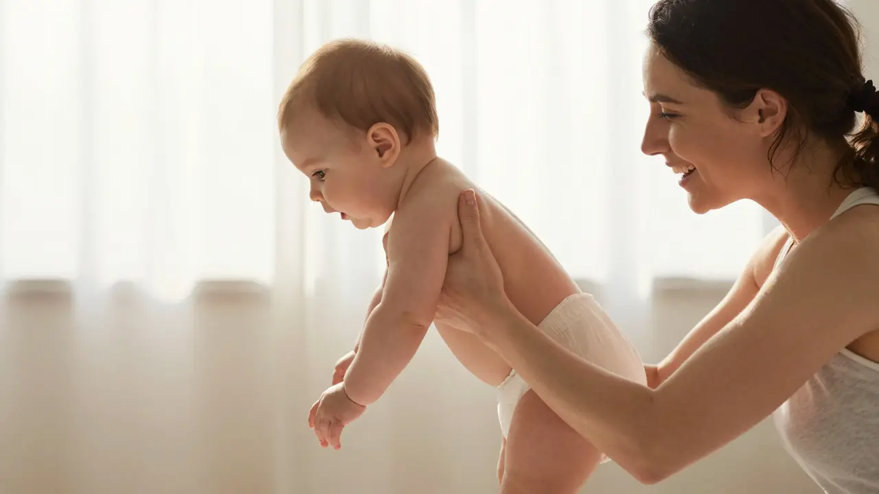 Máma se naklání pro dítě bez bolesti, s náznakem masáže jako zdroje pohyblivosti.