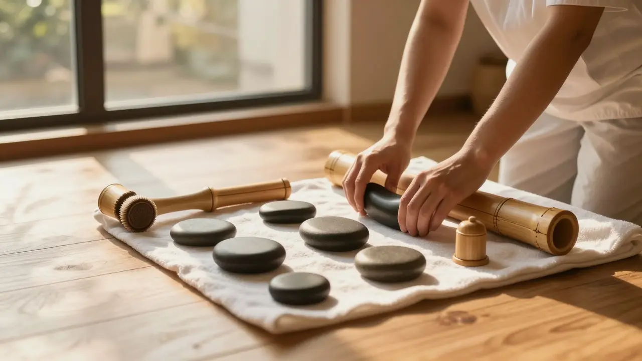 Nástroje pro masážní terapii v klidném spa prostředí