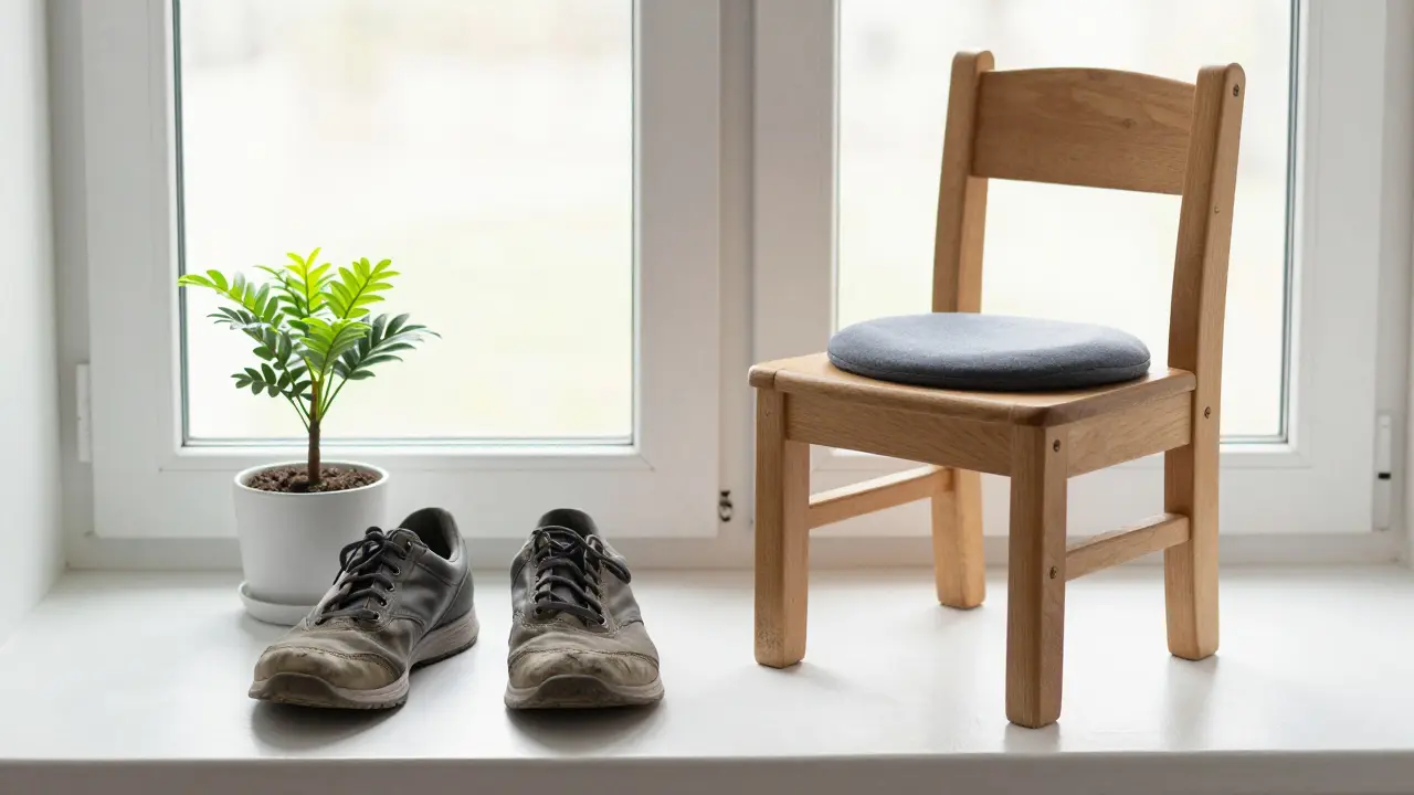 Pár bot a židle s podložkou vedle květiny — symbol trvalé péče o páteř.