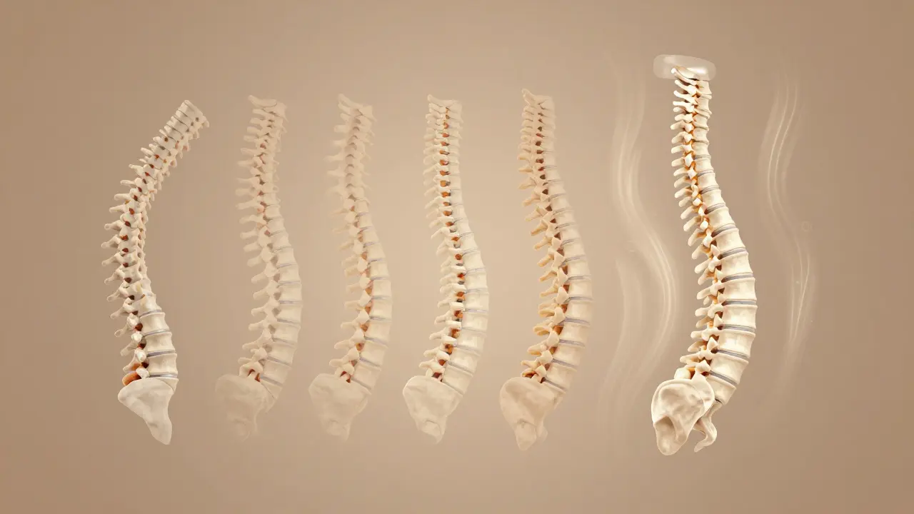 Postupná rekonstrukce křivé páteře do správné polohy pomocí jemných pohybů a dýchání.