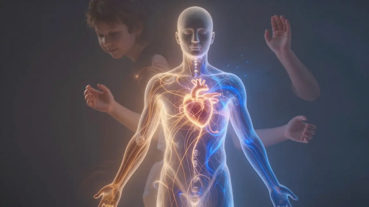 Průhledný lidský silueta s energií proudící skrze tělo, symbolizující uvolnění skrytých emocí.