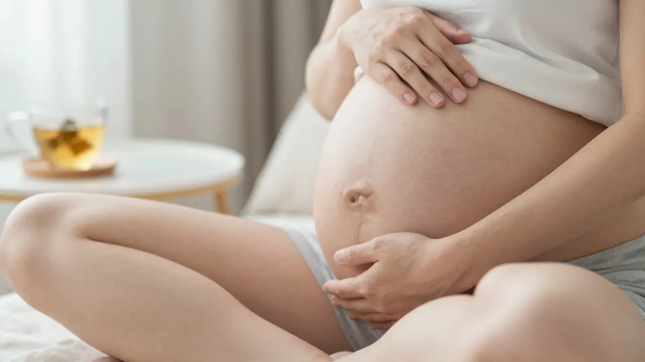 Ruce těhotné ženy jemně masírují předloktí, viditelné mírné otoky nohou a klidný výraz.