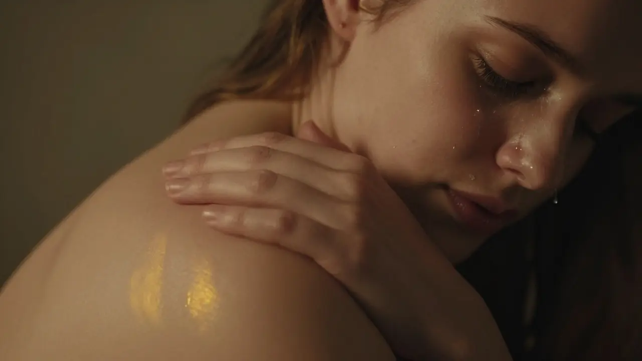 Ruka ležící na rameni, kde se člověk pláče z klidu a emocionálního uvolnění.