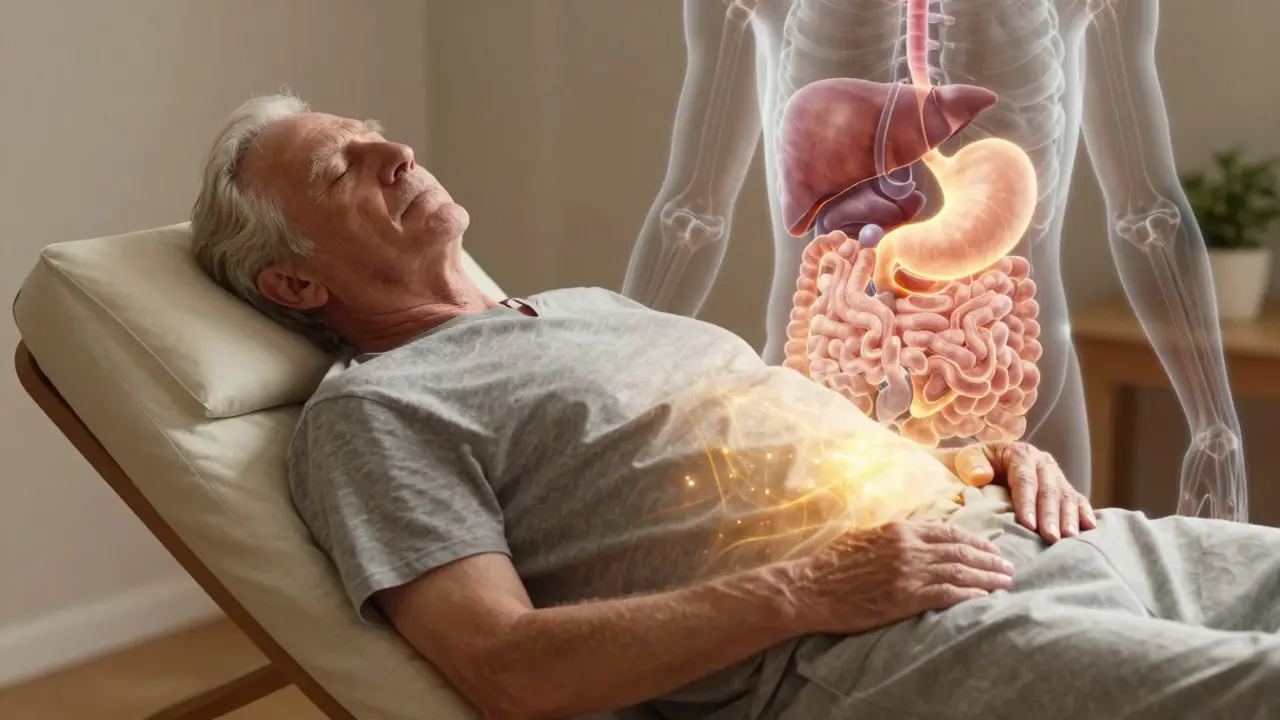 Starší muž spí klidně po sezení čínské masáže s jemným zářením na těle.