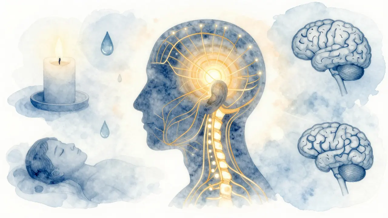 Symbolický obrázek hlavy s těkavými zlatými energetickými kanály spojujícími kůži hlavy s páteří.