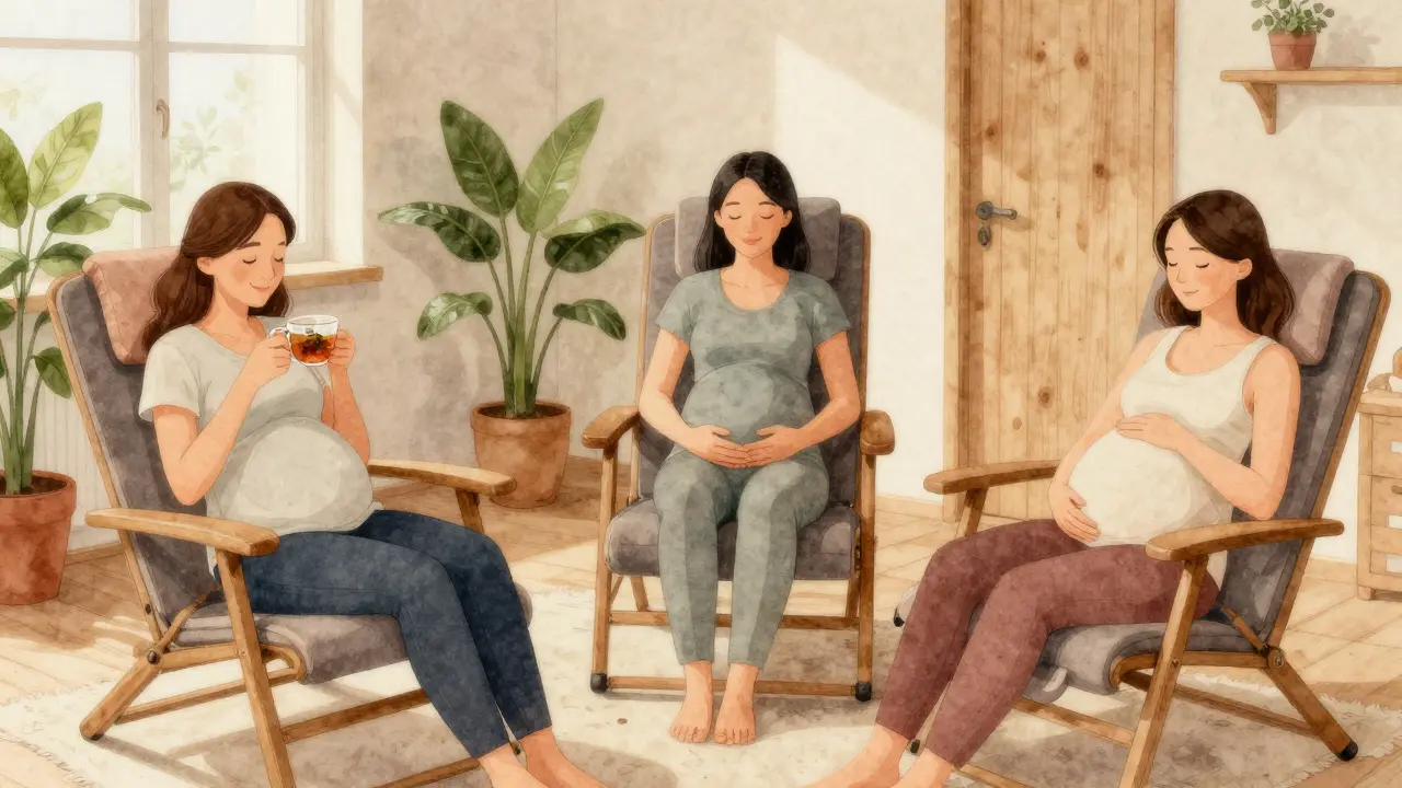 Tři těhotné ženy v klidném wellness centru po masáži, každá v klidu, s mírnými úsměvy a podporou polštářů.