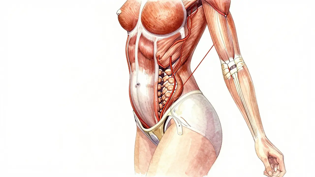 Vnitřní změny těla po porodu a jejich obnova díky masáži, znázorněné jemnými barvami.