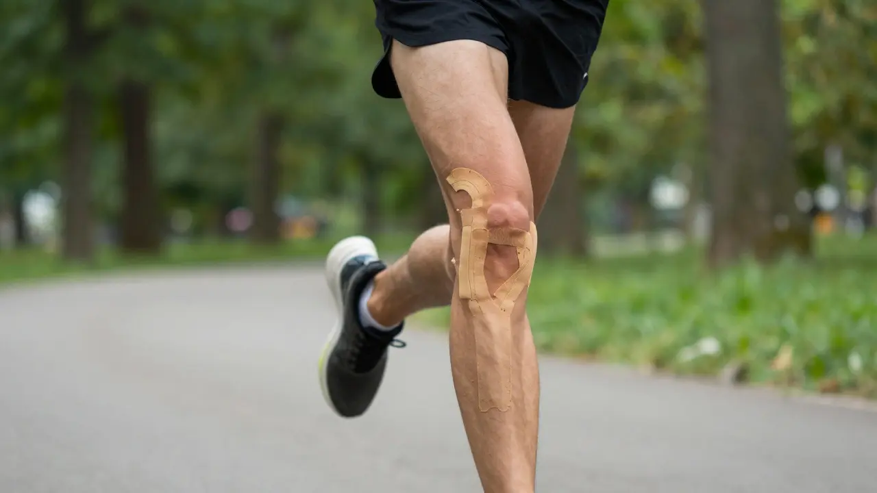 Běžec v parku s kineziologickou páskou na koleni při pohybu.