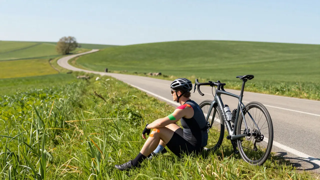 Cyklista s terapeutickými páskami odpočívající v české krajině s kolem v pozadí.