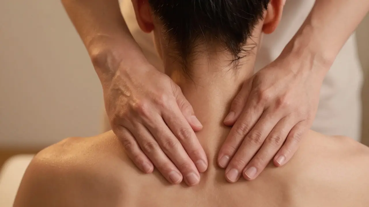 Detail masáže krční páteře a oblasti pod lebkou pro uvolnění svalového napětí při migréně.