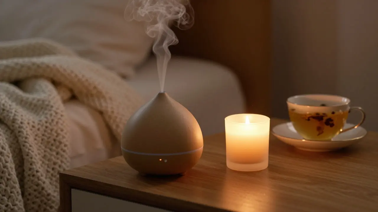 Domácí relaxační koutek s aromadifuzérem, svíčkou a bylinkovým čajem.