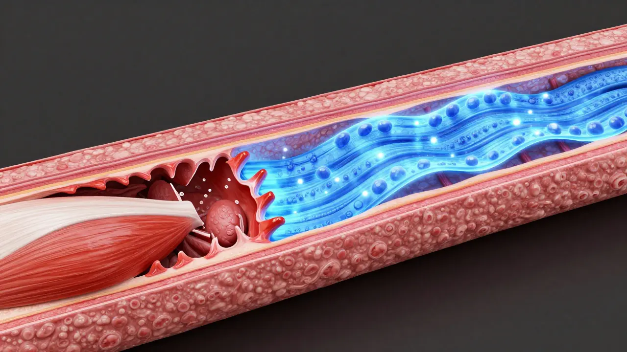 Konceptuální znázornění hojení svalových vláken a průtoku kyslíku v tkáni.