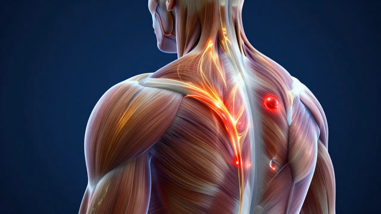 Konceptuální zobrazení uvolňování svalových uzlů a regenerace tkání v rameni.