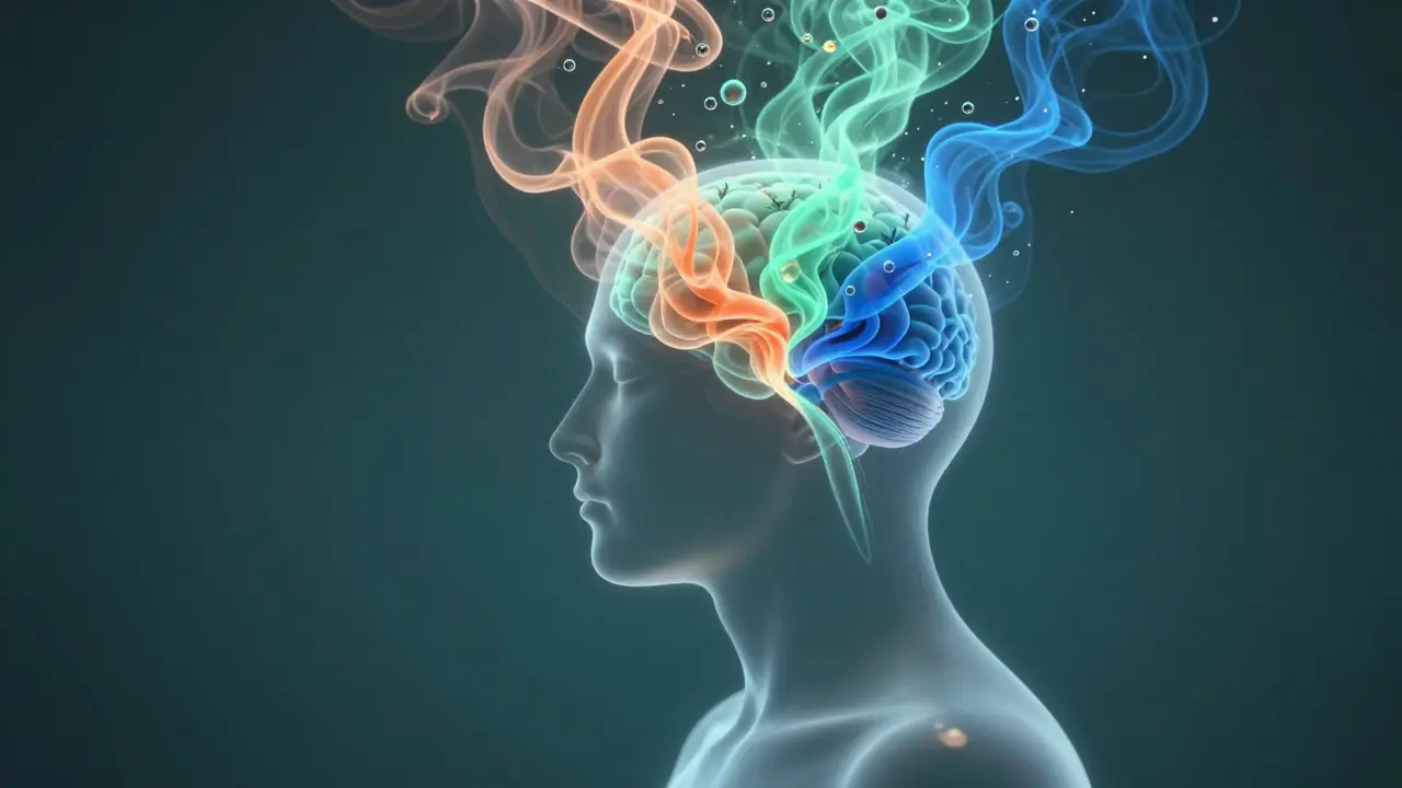 Konceptuální zobrazování vlivu vůní na lidskou mysl a emoce pomocí barevných proudů.