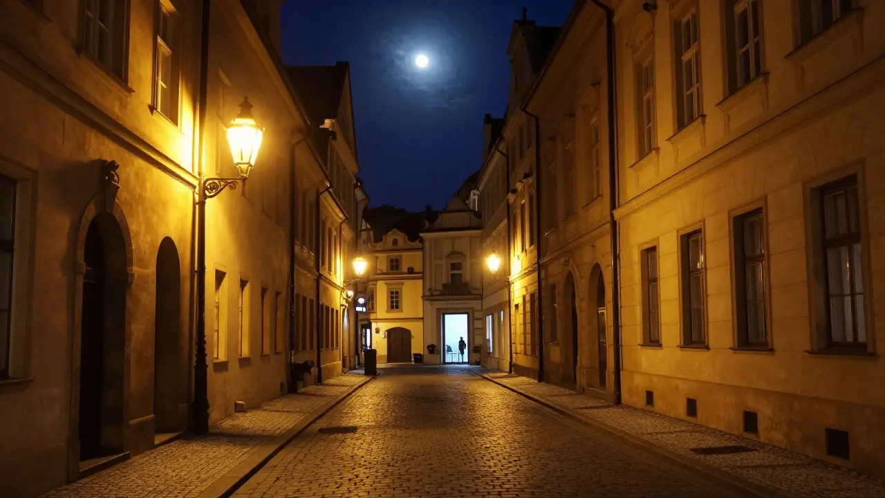 Noční pohled na historickou ulici v centru Prahy v tlumeném osvětlení.