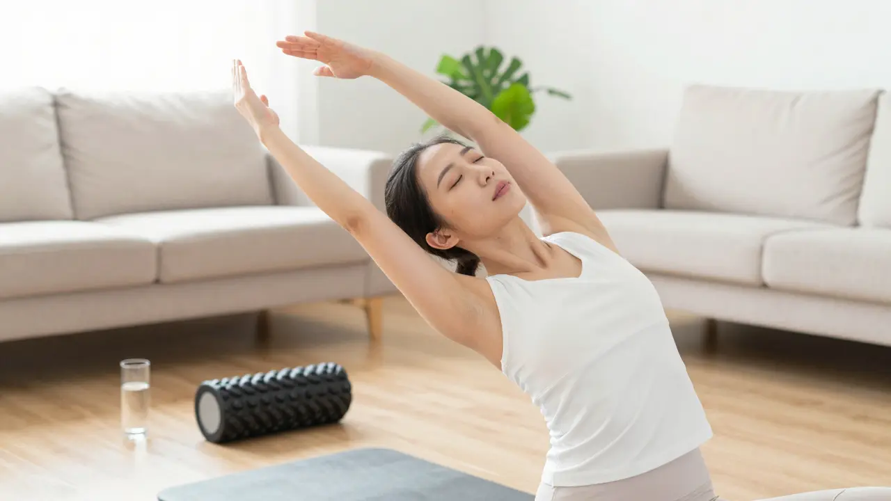 Osoba provádějící lehké protahovací cviky v prosvětleném pokoji.