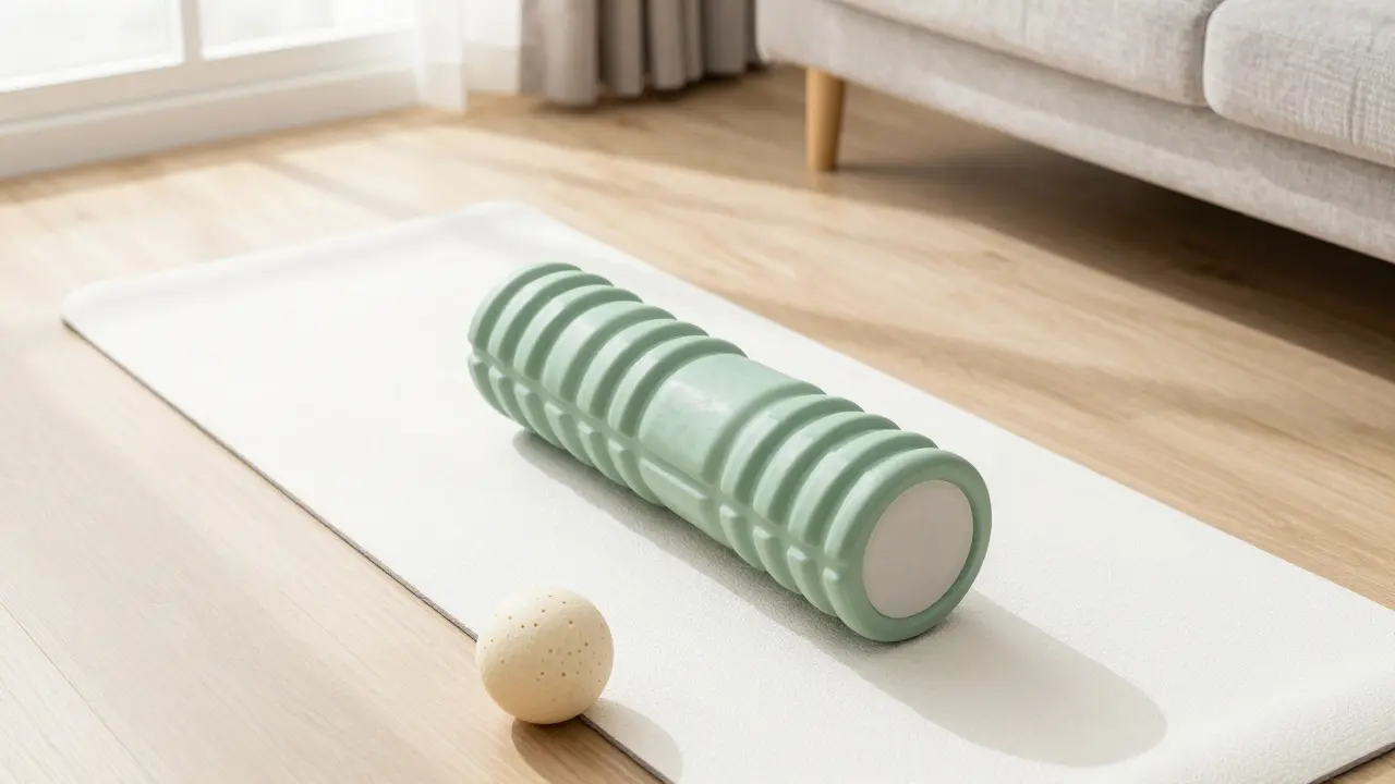 Pěnový váleček a masážní míček na jógové podložce v světlém interiéru.