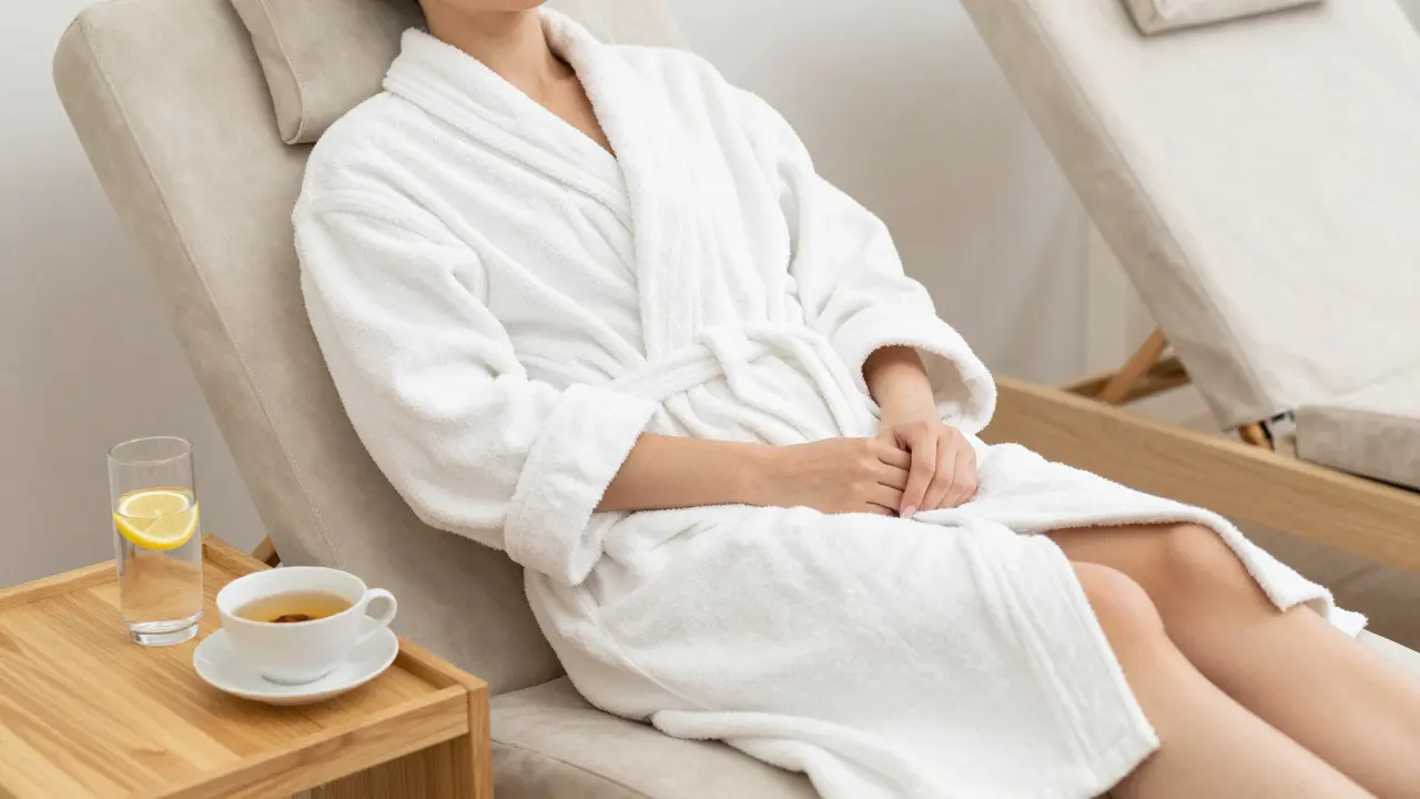 Relaxovaná osoba v bílém županu s vodou s citronem v wellness centru.