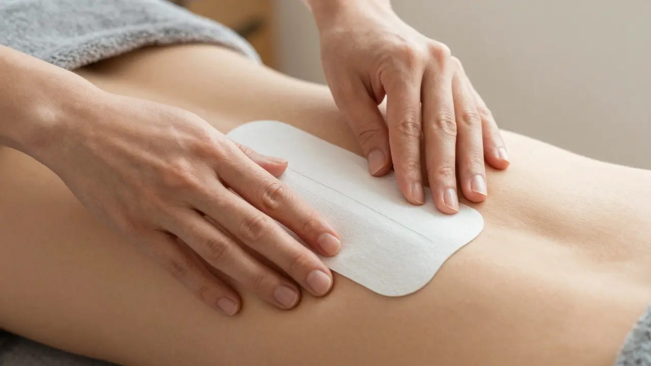 Ruky pečlivě aplikující kineziologickou pásku na bederní oblast zad.