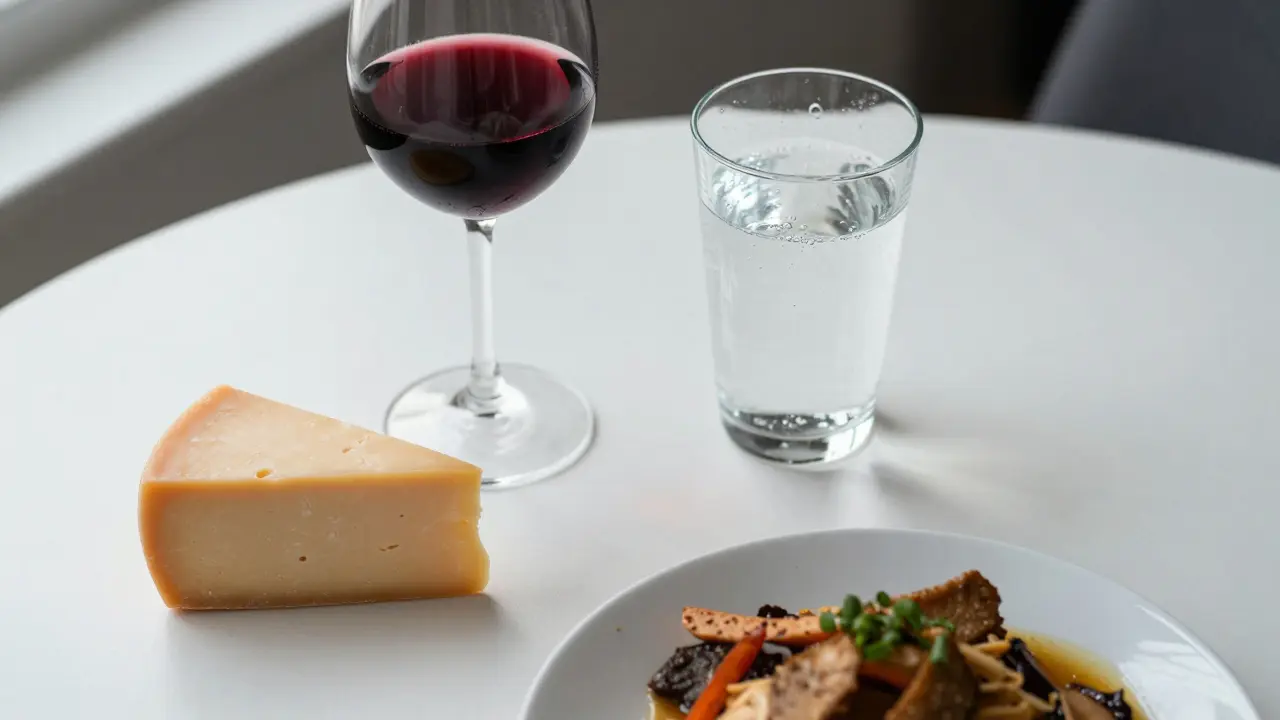 Stůl s potravinami jako zrálý sýr, červené víno a asijské jídlo, které mohou být spouštěči migrény.