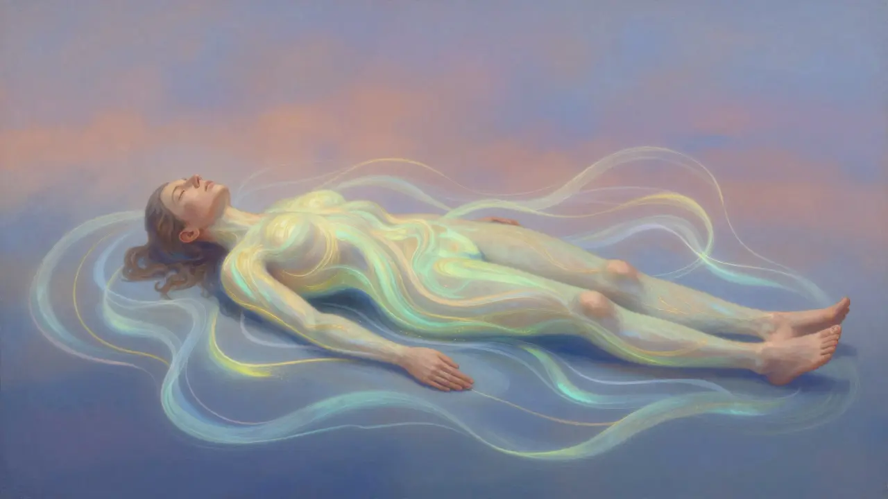 Abstraktní ilustrace propojení mysli, těla a ducha svítícími liniemi