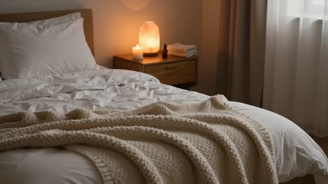 Klidná ložnice připravená na večerní relaxaci a péči o tělo
