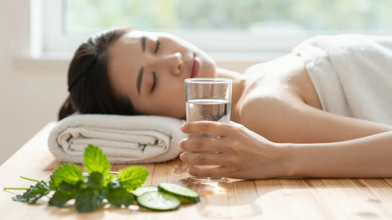 Sklenice vody po masáži symbolizující hydrataci a detoxikaci