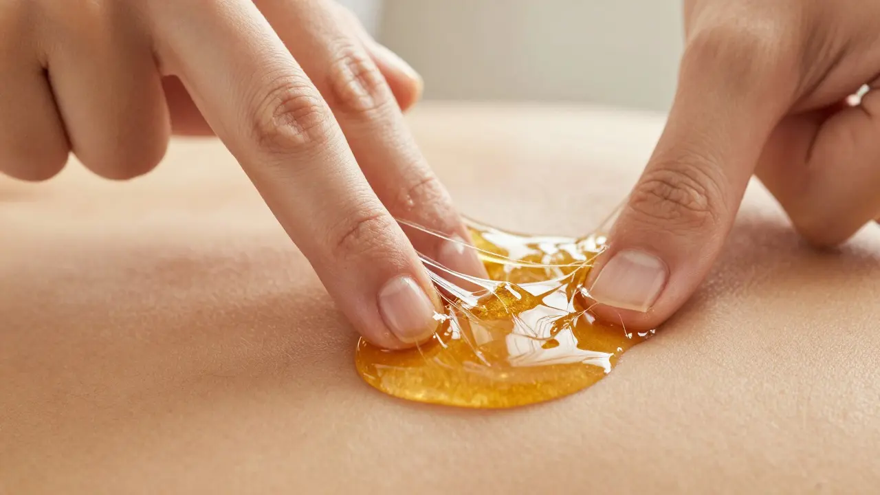 Detail ruce terapeuta táhnoucí lepkavý med ze kůže pro peeling