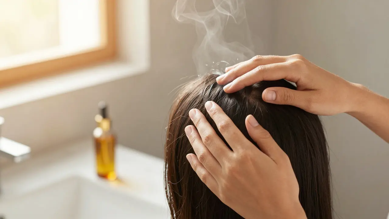 Osoba provádějící relaxační masáž hlavy prsty doma v koupelně