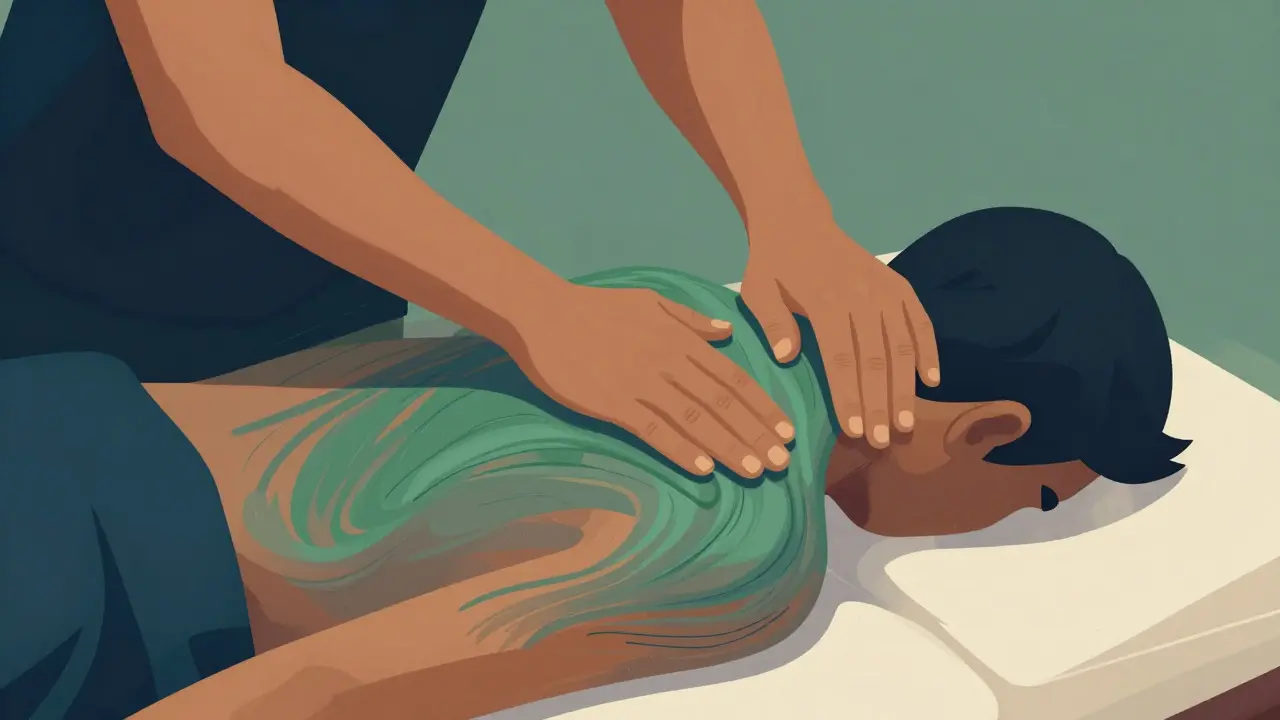 Stylizovaná ilustrace ukazující rytmické pohyby rukou při havajské masáži lomi lomi