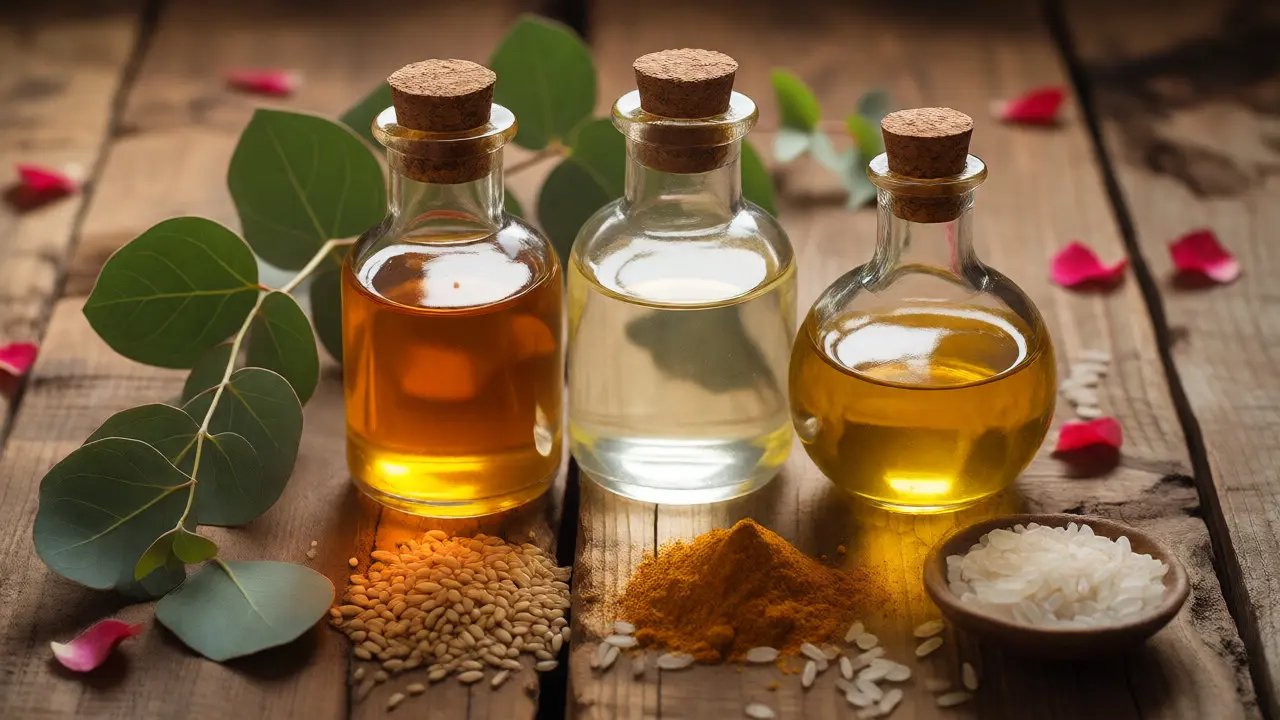 Lahvičky s bylinnými oleji a ingredience pro různé typy masáží