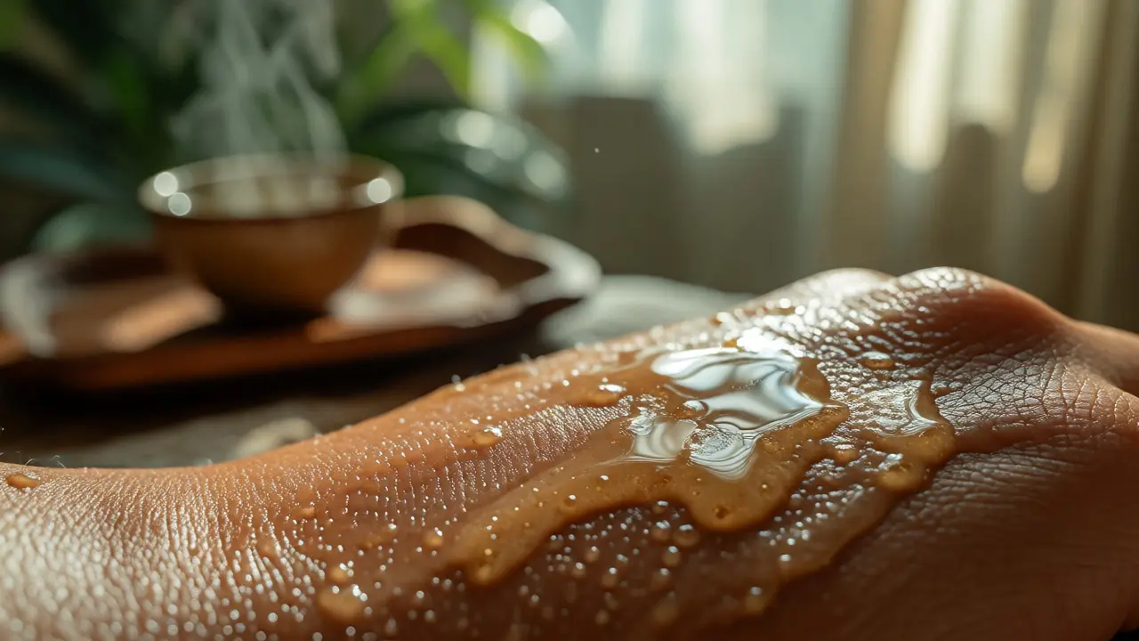 Detailní záběr na vstřebávání teplého oleje do pokožky pro hloubkovou hydrataci
