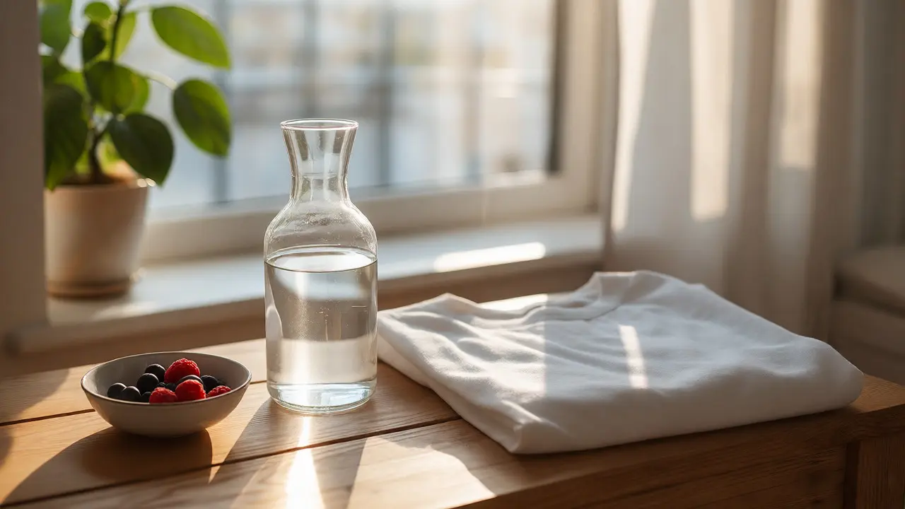 Glass of water and comfortable clothing prepared for a wellness appointment