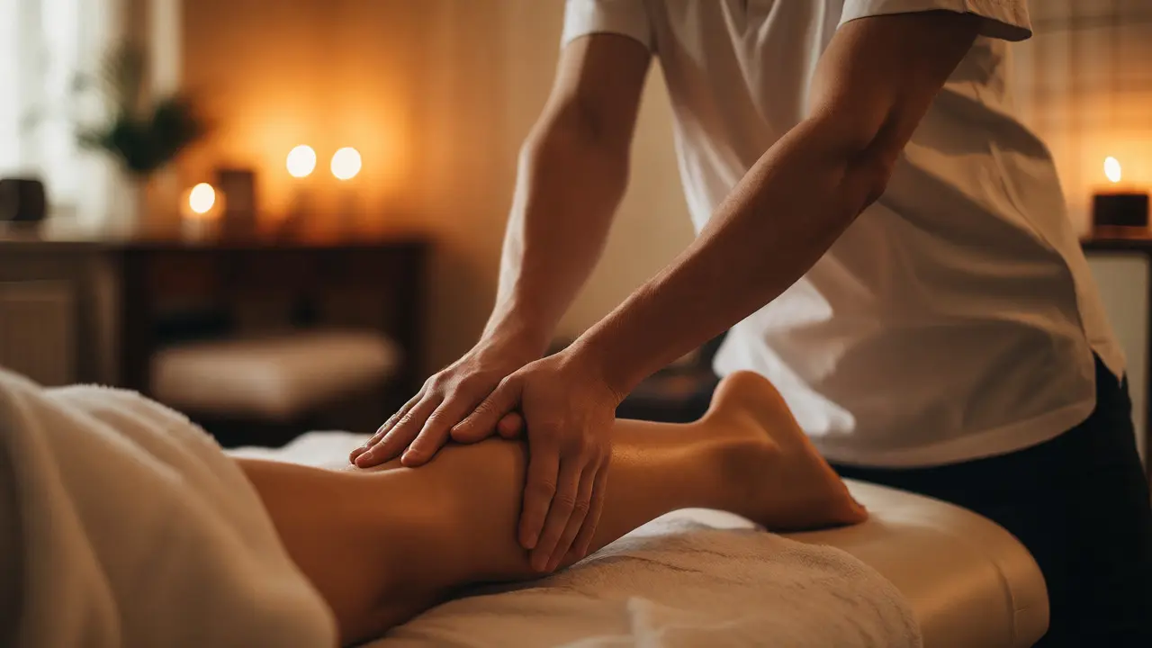 Therapist performing gentle manual lymphatic drainage on a client's leg